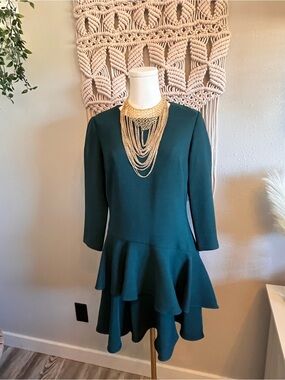 Eliza J Green Long Sleeve Tiered Ruffle Hem Dress (Necklace not included)